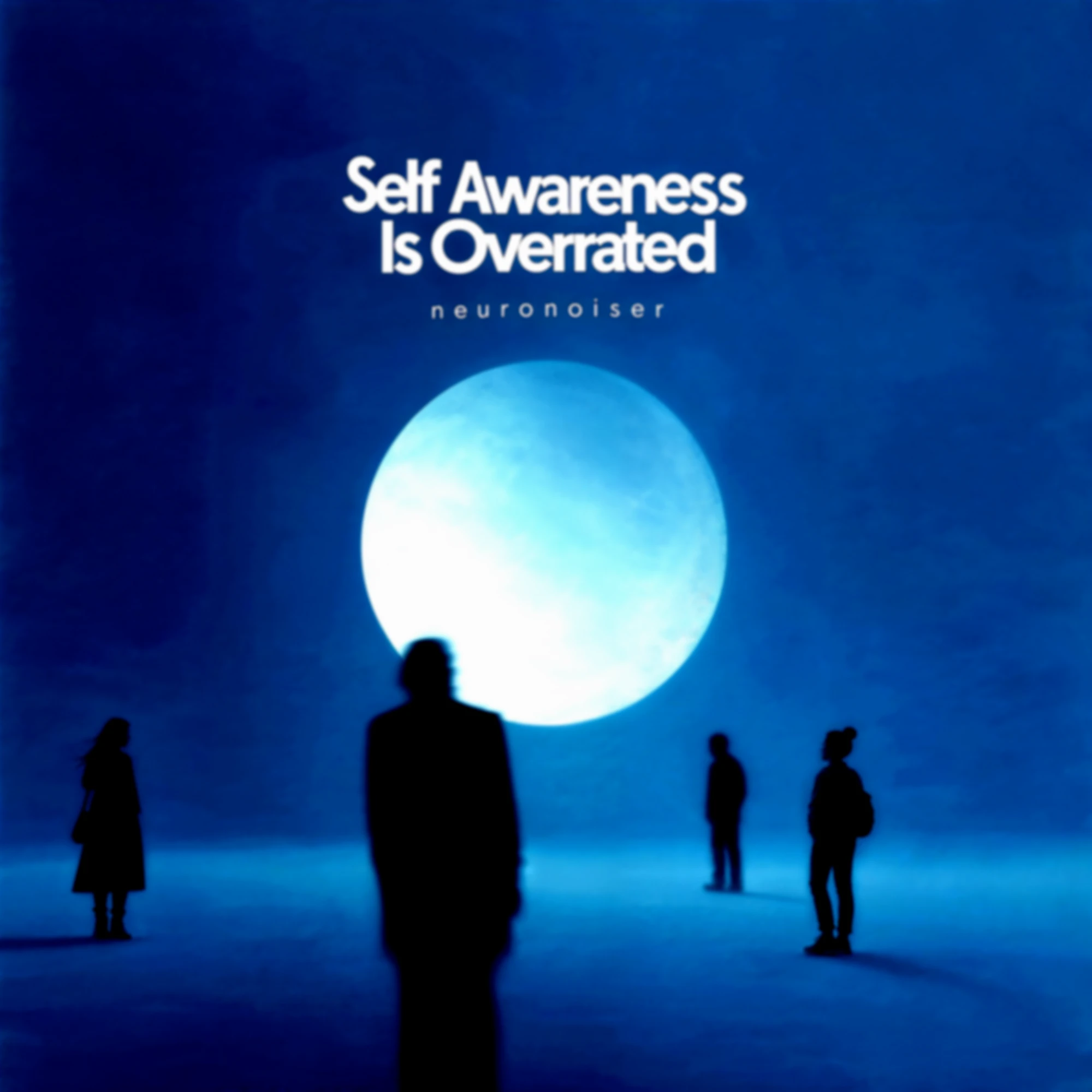 Album cover of Self Awareness Is Overrated by neuronoiser: silhouetted figures standing before a large luminous moon in deep blue.